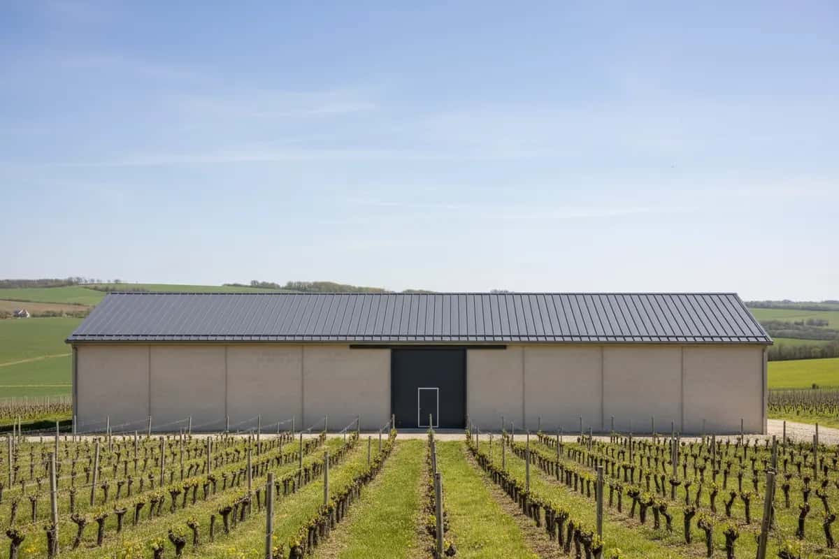 Chai viticole au toit de bac acier neuf, au milieu des vignes