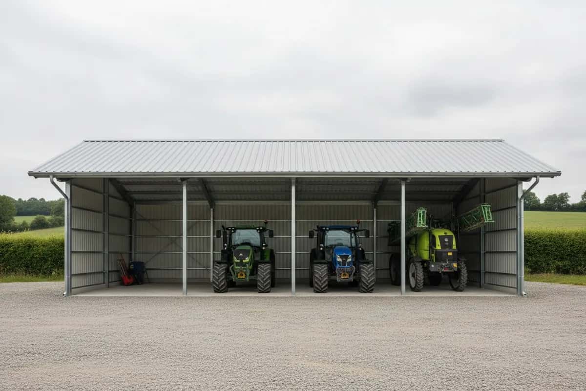 Hangar à matériel agricole ouvert, couvert d’un bac acier neuf